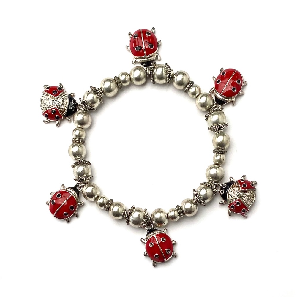 Silvered Round Bead & Enamel Ladybug 6 Charm Stretch Bracelet 1990s(?) *EUC*